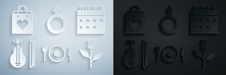 Poster - Set Plate, fork and knife, Calendar, Violin, Flower rose, Male gender symbol and Shopping bag with heart icon. Vector