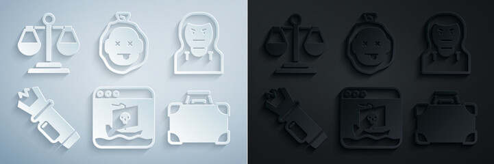 Canvas Print - Set Internet piracy, Thief mask, Police electric shocker, Briefcase and money, Murder and Scales of justice icon. Vector