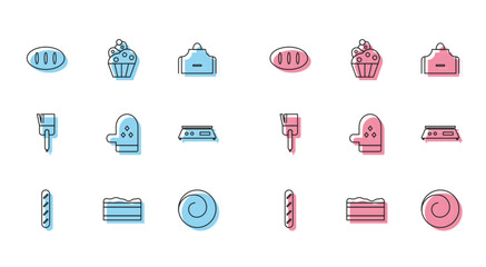 Sticker - Set line French baguette bread, Brownie chocolate cake, Bread loaf, Roll bun with cinnamon, Oven glove, Electronic scales, Kitchen brush and Cupcake icon. Vector