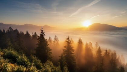 Poster - scenic forest under a stunning misty sunrise with golden hues providing a picturesque view with copy space image