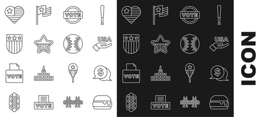 Sticker - Set line Burger, Coin money with dollar, USA Independence day, Vote, Shield stars, and Baseball ball icon. Vector