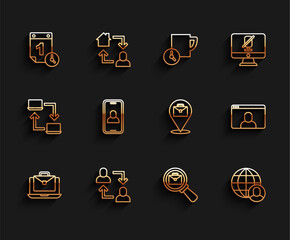 Sticker - Set line Online working, Project team base, Time management, Magnifying glass with briefcase, Freelancer, Video chat conference, and icon. Vector