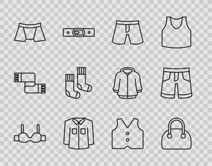 Set line Bra, Handbag, Short or pants, Shirt, Men underpants, Socks, Waistcoat and icon. Vector