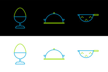 Sticker - Set line Kitchen colander, Chicken egg on stand and Covered with tray of food icon. Vector