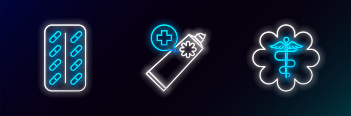 Poster - Set line Emergency star medical symbol Caduceus snake with stick, Pills in blister pack and Ointment cream tube medicine icon. Glowing neon. Vector