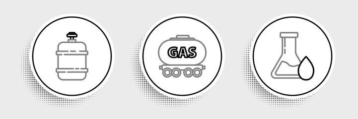 Set line Oil petrol test tube, Propane gas tank and Gas railway cistern icon. Vector
