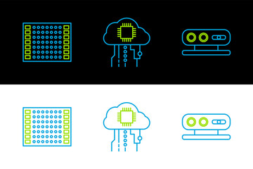 Sticker - Set line 3d scanning system, Printed circuit board PCB and Internet of things icon. Vector