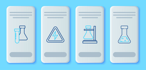 Poster - Set line High voltage sign, Test tube flask on stand, chemical and icon. Vector