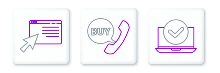 Sticker - Set line Laptop, Online shopping on screen and Phone and speech bubble with Buy icon. Vector