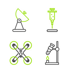 Poster - Set line Test tube flask on fire, Drone flying, Syringe and Radar icon. Vector