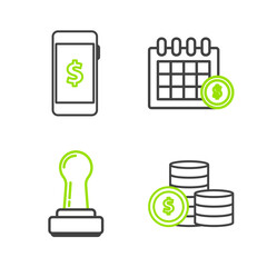 Poster - Set line Coin money with dollar symbol, Stamp, Financial calendar and Smartphone icon. Vector