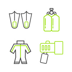 Sticker - Set line Flashlight, Wetsuit, Aqualung and Rubber flippers icon. Vector