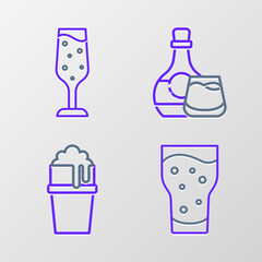 Sticker - Set line Glass of beer, Whiskey bottle and glass and champagne icon. Vector