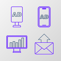 Sticker - Set line Mail and e-mail, Monitor with graph chart, Advertising and Target icon. Vector