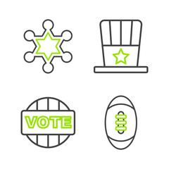 Sticker - Set line American Football ball, Vote, Patriotic top hat and Hexagram sheriff icon. Vector