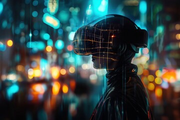 Wall Mural - a man wearing a vr headset in the city at night