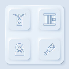 Sticker - Set line Money laundering, Prison window, Thief mask and Broken bottle weapon. White square button. Vector