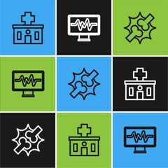 Sticker - Set line Hospital building, Joint pain, knee pain and Monitor with cardiogram icon. Vector