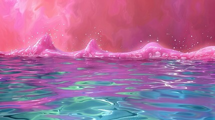 Wall Mural -   A watercolor painting showcases a vibrant blend of pink and blue waves crashing against the shore, set against an expansive canvas of azure sky above