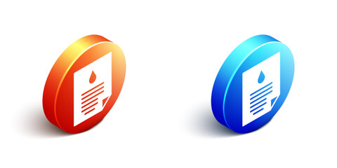 Isometric Oil drop document icon isolated on white background. Orange and blue circle button. Vector