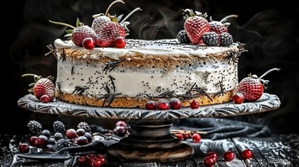 Wall Mural -   A beautifully decorated cake sits atop a frosted cake plate, adorned with juicy raspberries and blackberries