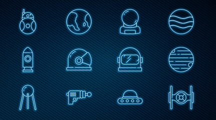 Wall Mural - set line cosmic ship, planet, astronaut helmet, rocket, robot, and earth globe icon. vector