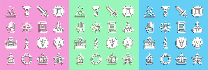 Sticker - Set line Pentagram, Skull, Poison in bottle, Medieval sword, Sun, Hamsa hand, Magic powder and Decree, parchment, scroll icon. Vector