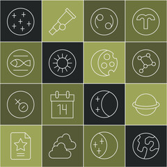 Wall Mural - set line earth globe, planet saturn, great bear constellation, cancer zodiac, sun, pisces, full moon