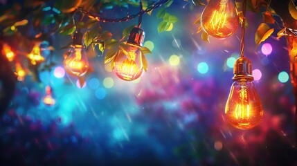 Wall Mural -  Tree-hanging light bulbs illuminate during rainfall on a dreary day