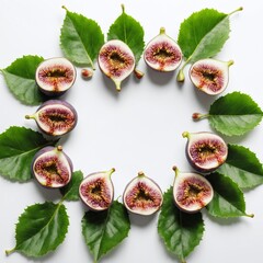 Poster - Fresh figs with green leaves on white. Top view, copy space for text.