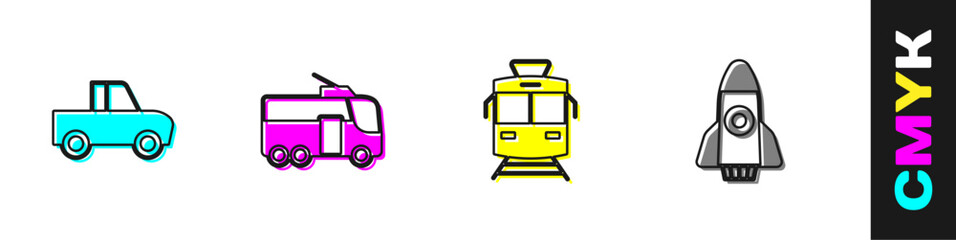 Wall Mural - Set Pickup truck, Trolleybus, Tram and railway and Rocket ship icon. Vector