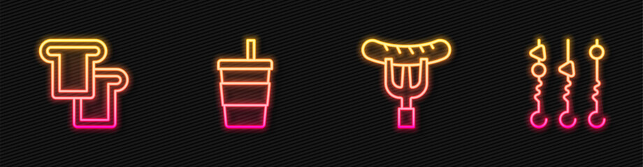 Wall Mural - Set line Sausage on the fork, Bread toast, Paper glass with water and Grilled shish kebab skewer. Glowing neon icon. Vector