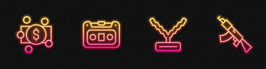 Wall Mural - Set line Rapper chain, Stacks paper money cash, Retro audio cassette tape and Submachine gun. Glowing neon icon. Vector