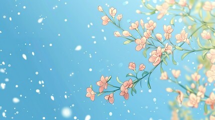 Poster -   A flowering plant with pink blooms on a blue backdrop, amidst snowfall on the ground and snowflakes in the frame