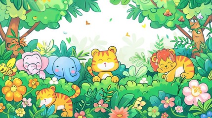   A jungle painting depicts a group of animals in front of trees and flowers, with a butterfly in the background
