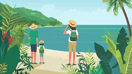 Family enjoying serene tropical beach with lush green surroundings.