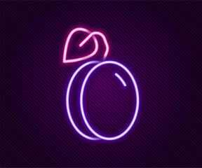 Wall Mural - Glowing neon line Plum fruit icon isolated on black background. Colorful outline concept. Vector