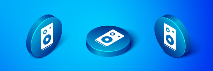 Poster - Isometric Stereo speaker icon isolated on blue background. Sound system speakers. Music icon. Musical column speaker bass equipment. Blue circle button. Vector