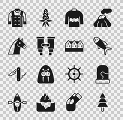 Sticker - Set Tree, Christmas mittens, Fish, Sweater, Binoculars, Horse, and Norwegian wooden house icon. Vector