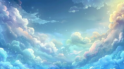 Poster -  Blue sky painting with white clouds and a brilliant yellow star at night