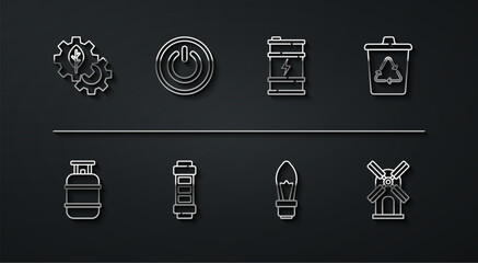 Poster - Set line Leaf plant in gear machine, Propane gas tank, Recycle bin with recycle, Light bulb, Battery, Power button, Wind turbine and Bio fuel barrel icon. Vector