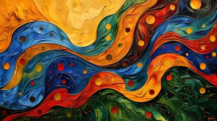 Wall Mural -   A multicolored wave painting features yellow, blue, red, green, orange, and yellow dots at the base