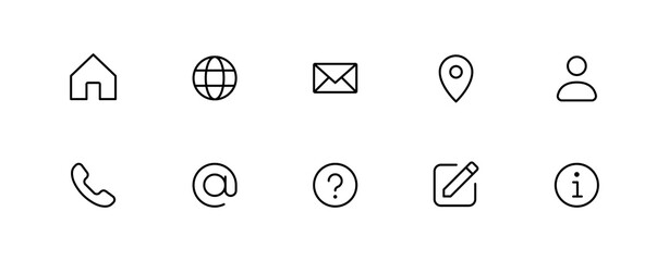 Aufkleber - Contact us icon set. Web icons , home, call, location, globe, world, message, mail, envelope, address, user, question mark, website, icon - Contact information icons for business card. Editable stroke