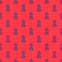 Sticker - Blue line Camping lantern icon isolated seamless pattern on red background. Vector