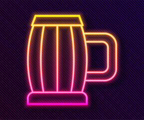 Sticker - Glowing neon line Wooden beer mug icon isolated on black background. Vector