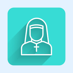 Wall Mural - White line Nun icon isolated with long shadow background. Sister of mercy. Green square button. Vector