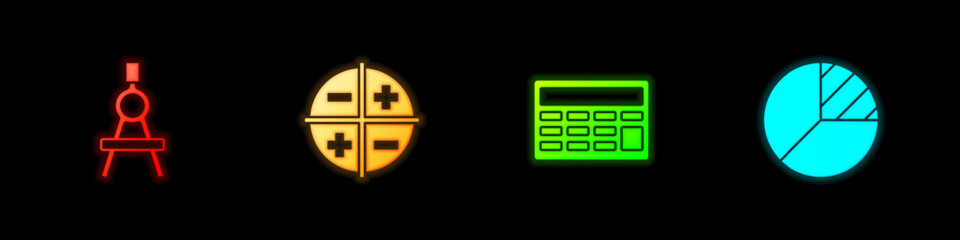 Sticker - Set Drawing compass, XYZ Coordinate system, Calculator and Pie chart infographic icon. Vector