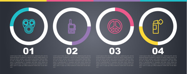 Poster - Set line Gas mask, Walkie talkie, Peace and Pepper spray. Business infographic template. Vector