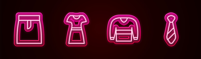 Wall Mural - Set line Skirt, Woman dress, Sweater and Tie. Glowing neon icon. Vector