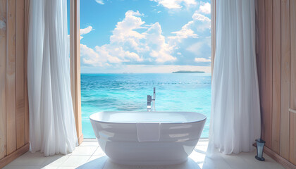 Wall Mural - Luxury beautiful interior design on beach resort, window view from bathroom on clear blue sea, summer vacation on Maldives